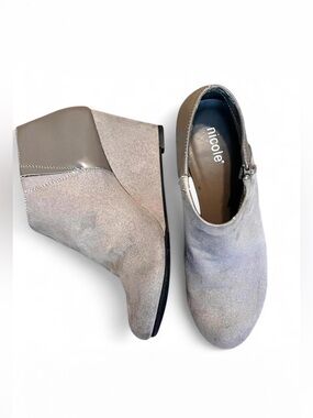 Nicole Gray Suede Wedge Booties with Patent Heel Panel